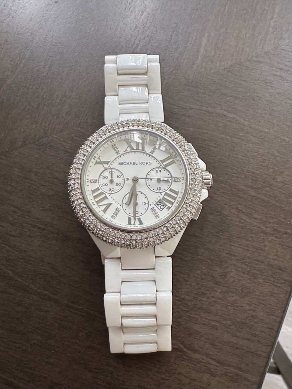 Michael Kors White Ceramic Crystal Bezel Chronograph Watch